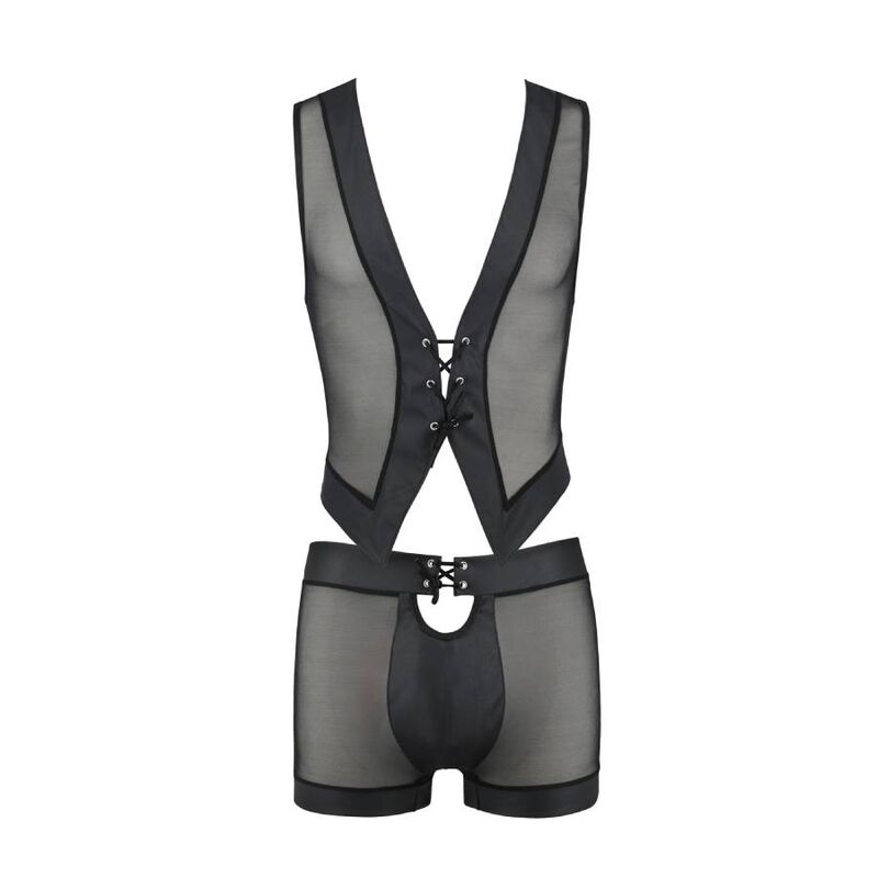 Ensemble homme William a plat, debardeur a sangles et boxer a entrejambe ouvert en maille noire transparente, esprit fetichiste graphique signe Passion