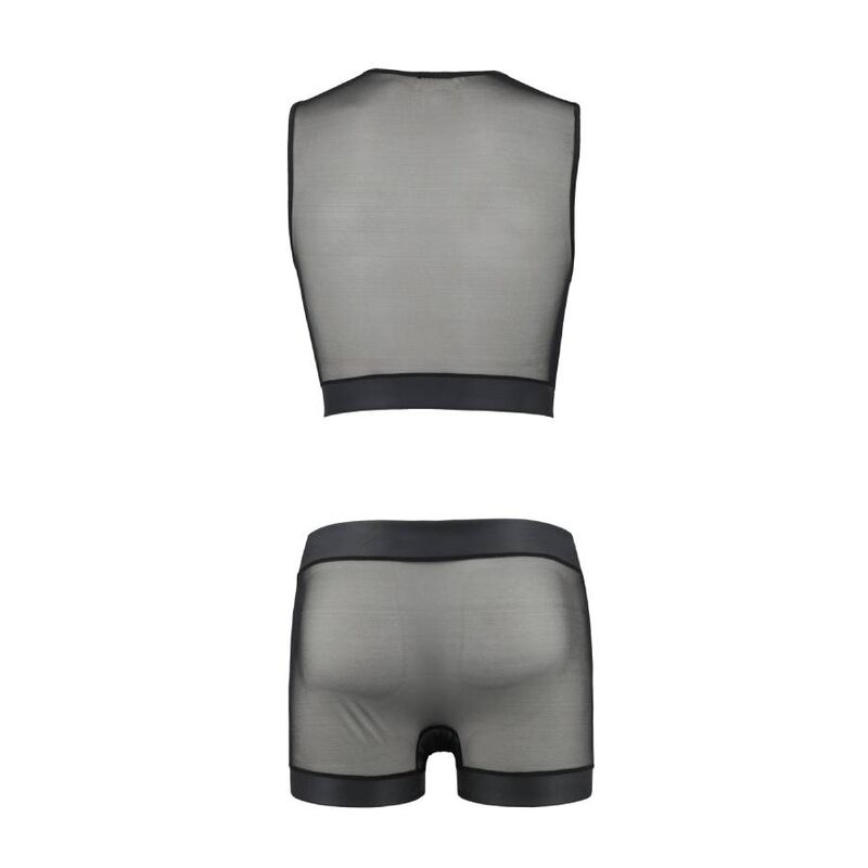 Ensemble homme William a plat, haut court et boxer en maille resille transparente sans corps, lingerie masculine inspiration BDSM soft de la marque Passion