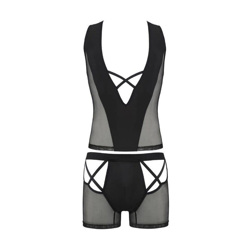 Ensemble homme Peter a plat, haut a decollete croise et boxer ajoure en maille noire transparente, lingerie masculine graphique extensible de Passion