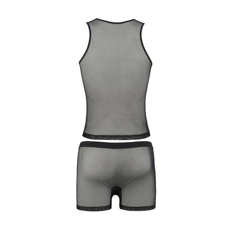 Ensemble harnais homme Peter a plat, debardeur et boxer assorti en maille resille noire transparente sans corps, esprit fetichiste soft de la marque Passion