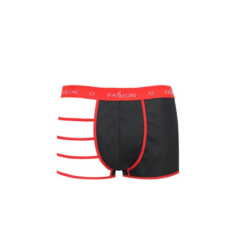 Boxer homme effet cuir noir a lanieres et liseres rouges, ceinture logo Passion, presente a plat de face, lingerie masculine sexy fabriquee en Europe