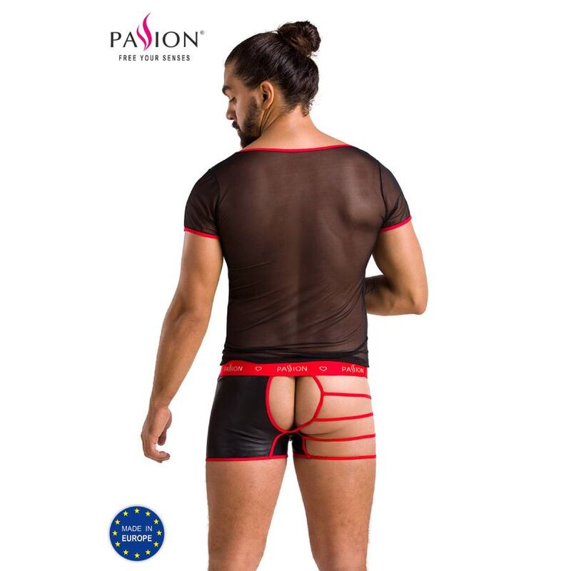 Ensemble homme de dos, tee-shirt resille a bord rouge et boxer ouvert a l arriere laissant voir les fesses, lingerie masculine audacieuse de Passion