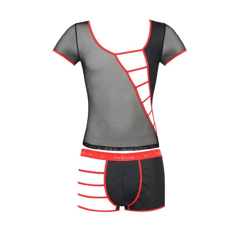 Ensemble homme a plat de face, tee-shirt maille transparente a lanieres rouges et boxer effet cuir a liseres rouges, lingerie masculine graphique Passion