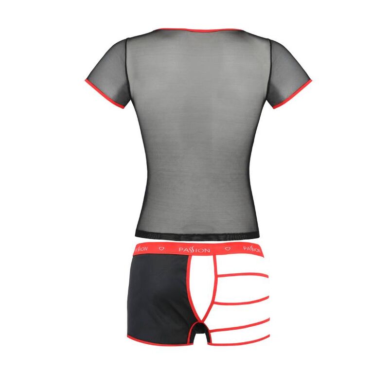Ensemble homme presente a plat de dos, tee-shirt resille a bord rouge et boxer effet cuir a bandes rouges, lingerie masculine sexy de la marque Passion