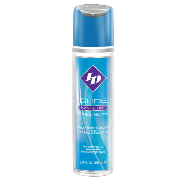 Flacon ID Glide bleu a capsule bleue elance, lubrifiant base eau sensation naturelle soyeuse, etiquette transparente hypoallergenique de face