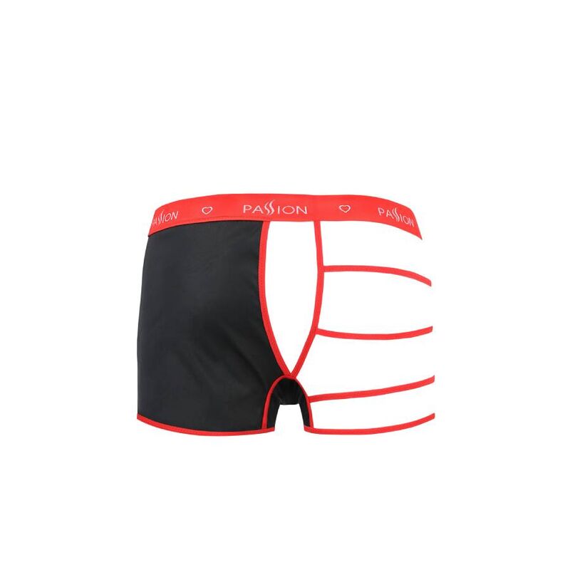 Boxer homme effet cuir noir borde de rouge avec ouverture posterieure, ceinture logo Passion, vue a plat, lingerie masculine audacieuse de Passion