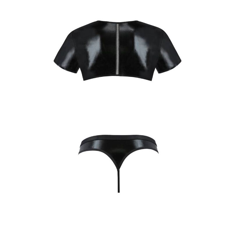Ensemble homme Peter a plat, top court effet cuir noir et string assorti separes, lingerie masculine fetichiste soft en simili signee Passion