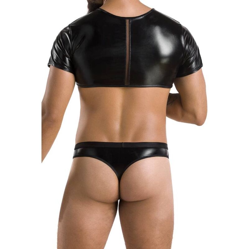 Ensemble homme Peter de dos, top court effet cuir et string noir laissant les fesses nues, lingerie masculine fetichiste soft de la marque Passion