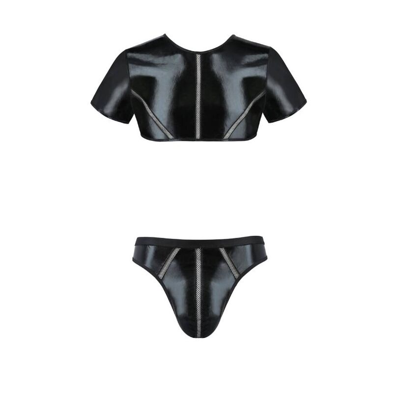 Ensemble homme Peter a plat, tee-shirt court effet cuir noir et slip assorti a finitions cuivrees, lingerie masculine BDSM soft signee Passion