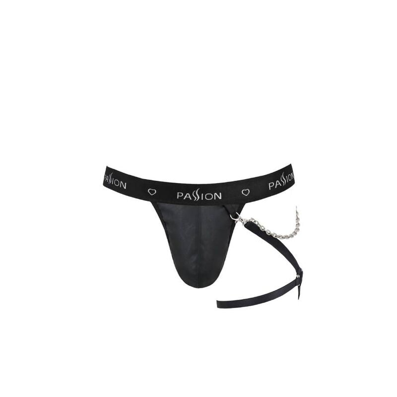 Jockstrap homme Passion a plat de face, poche effet cuir noir, ceinture logo et chaine laterale, lingerie masculine fetichiste presentee sans modele