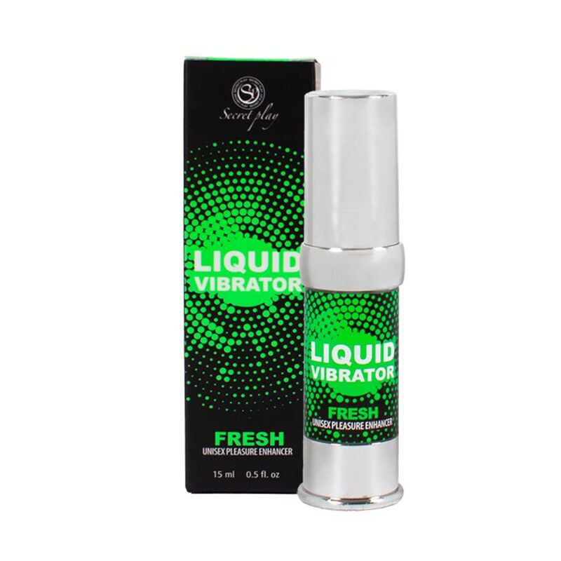 Flacon airless et boite du Liquid Vibrator Fresh Secret Play, gel intime menthe effet froid et vibrant unisexe, vue produit et packaging vert sur fond blanc.