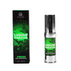 Gel Liquid Vibrator Fresh de Secret Play, flacon airless vert et boite assortie cote a cote, stimulant unisexe effet froid menthe, presentation complete du packaging produit.