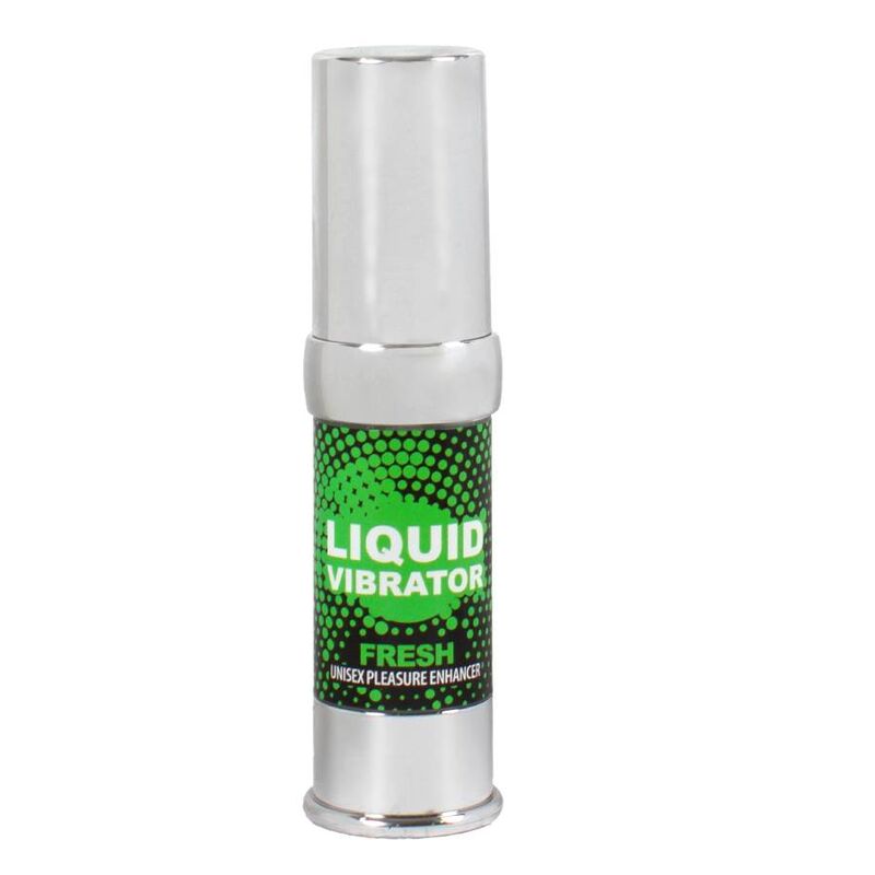 Gel stimulant Liquid Vibrator Fresh effet froid menthe de Secret Play, flacon airless vert et argente, gel intime unisexe vibrant et rafraichissant, vue de face sur fond blanc.