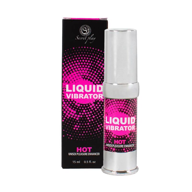 Gel stimulant Liquid Vibrator Hot effet chaud de Secret Play, flacon airless et boite rose, intensificateur de plaisir unisexe au parfum fraise creme, vue produit et packaging.