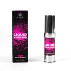 Gel Liquid Vibrator Hot de Secret Play, flacon airless rose et boite assortie cote a cote, stimulant unisexe effet chaud, presentation complete du packaging produit.