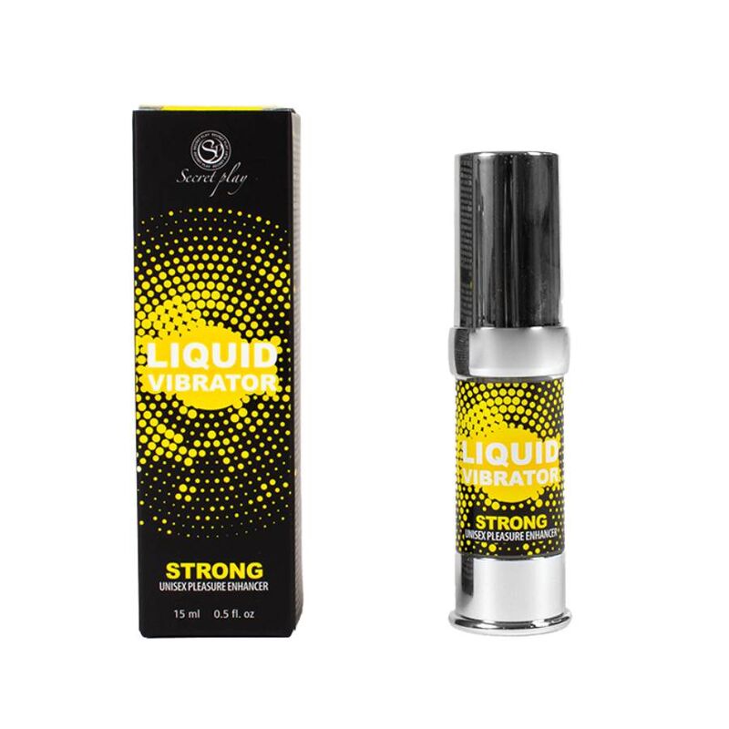 Gel Liquid Vibrator Strong de Secret Play, flacon airless et boite noire a pois jaunes, intensificateur de plaisir unisexe a effet vibrant, presentation produit complete.