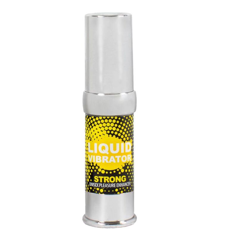 Flacon airless argente et jaune du gel Liquid Vibrator Strong Secret Play, effet vibrant unisexe, vue de face isolee sur fond blanc, stimulateur intime a appliquer en massage.