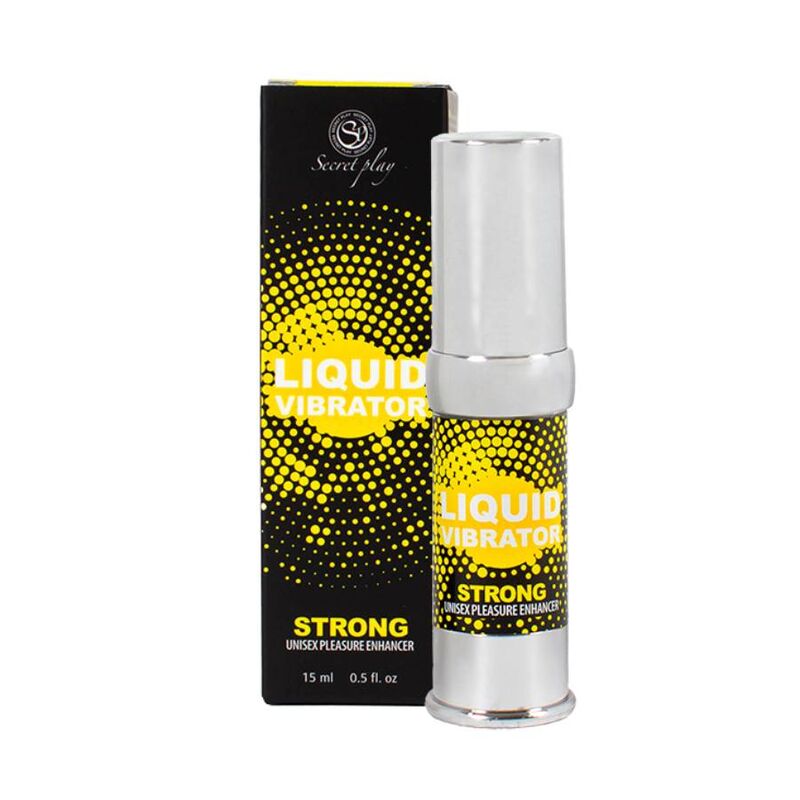 Gel stimulant Liquid Vibrator Strong effet vibrant de Secret Play, flacon airless et boite jaune a pois, gel intime unisexe intensificateur de plaisir, vue produit et packaging.