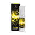 Gel stimulant Liquid Vibrator Strong effet vibrant de Secret Play, flacon airless et boite jaune a pois, gel intime unisexe intensificateur de plaisir, vue produit et packaging.