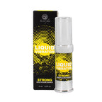 Gel stimulant Liquid Vibrator Strong effet vibrant de Secret Play, flacon airless et boite jaune a pois, gel intime unisexe intensificateur de plaisir, vue produit et packaging.