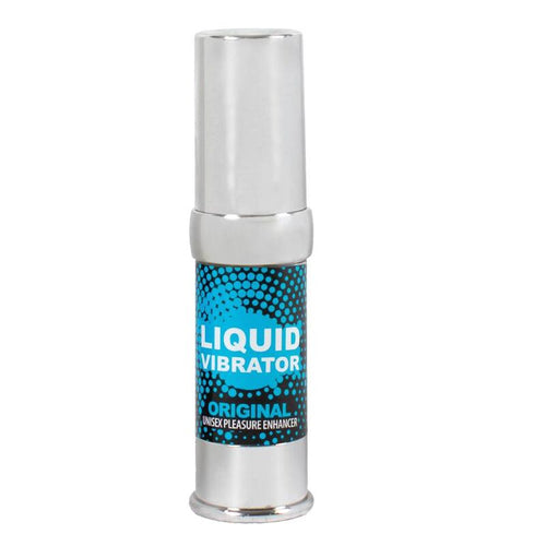 Flacon airless Liquid Vibrator Original vue de face, design bleu pixelise Secret Play, gel stimulant unisexe effet vibrant a appliquer sur la zone intime.