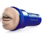 Masturbateur bouche Fleshlight Boost en etui bleu metallise, vue de l'orifice oral moule realiste reproduisant la fellation avec anneaux Turbo Tech flottants.