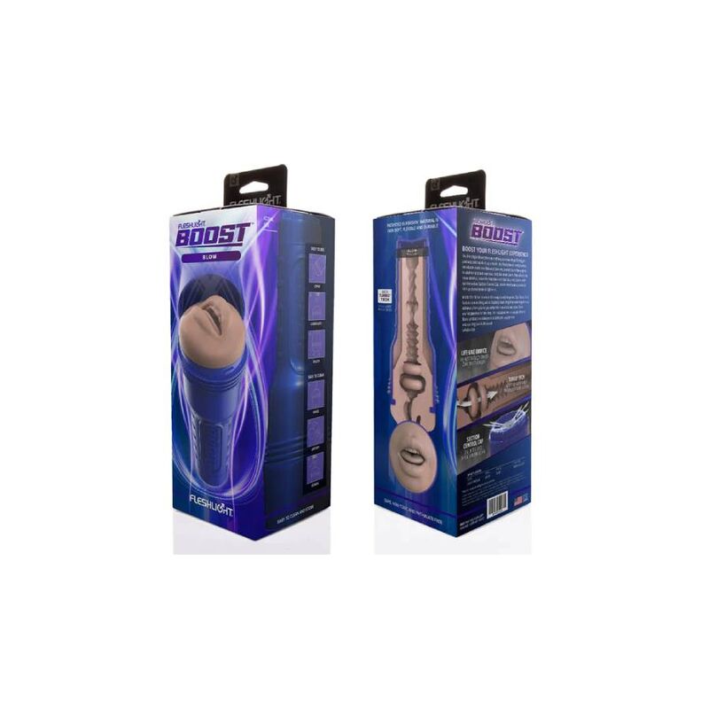 Boites du masturbateur bouche Fleshlight Boost, packaging bleu et violet presentant l'orifice oral moule et les caracteristiques de la sensation realiste.