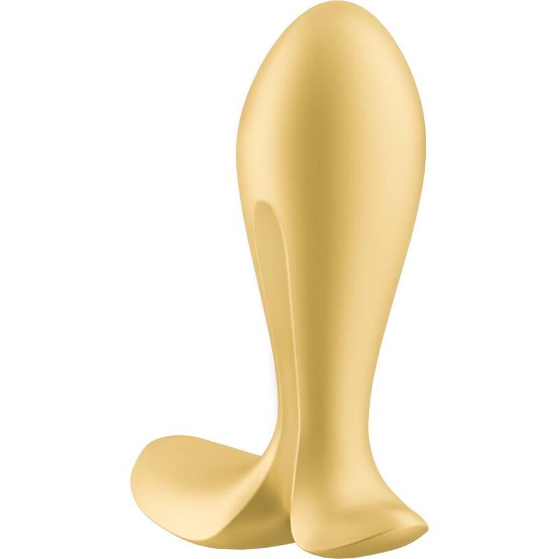 Plug anal Intensity Satisfyer dore de trois quarts, corps bulbe lisse et base evasee stabilisatrice en silicone, plug vibrant connecte etanche rechargeable 12 modes.