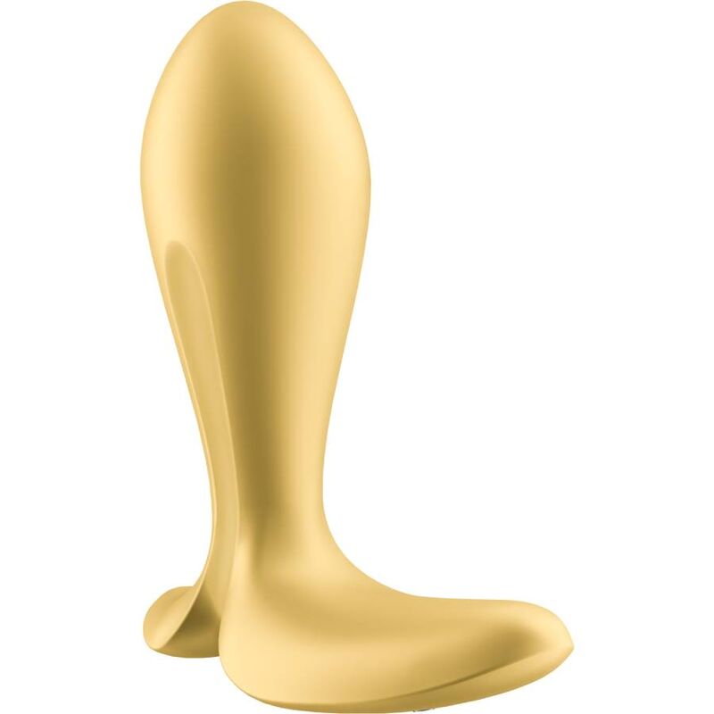 Plug anal Intensity Satisfyer dore vu de profil, corps bulbe effile et large base souple en silicone, plug vibrant connecte Satisfyer etanche rechargeable.