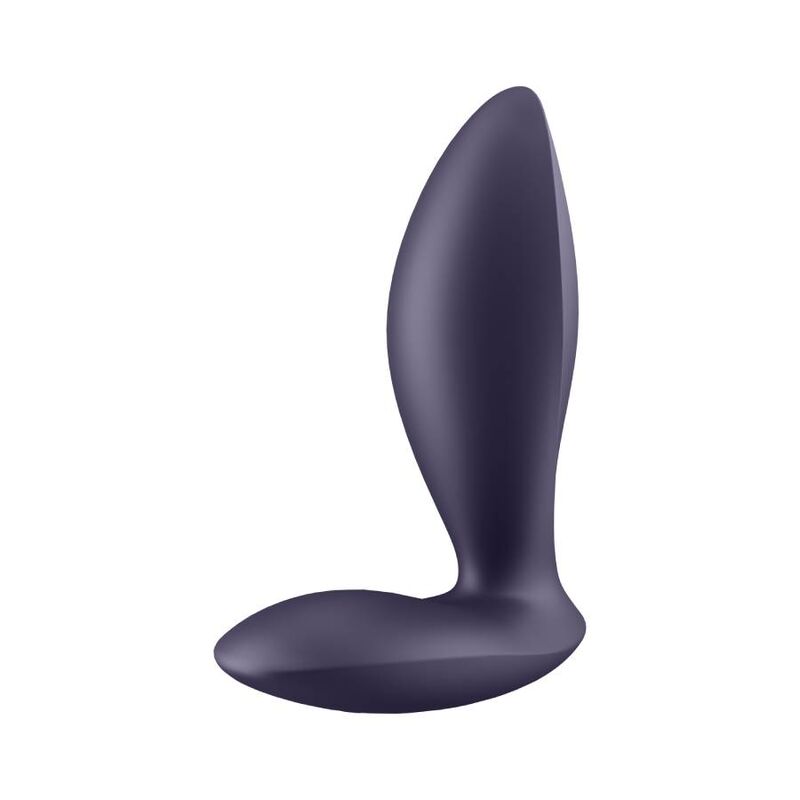 Plug anal Power Plug bleu nuit vu de face, pointe arrondie et large base souple en silicone, plug vibrant connecte Satisfyer pilotable par telecommande appli.