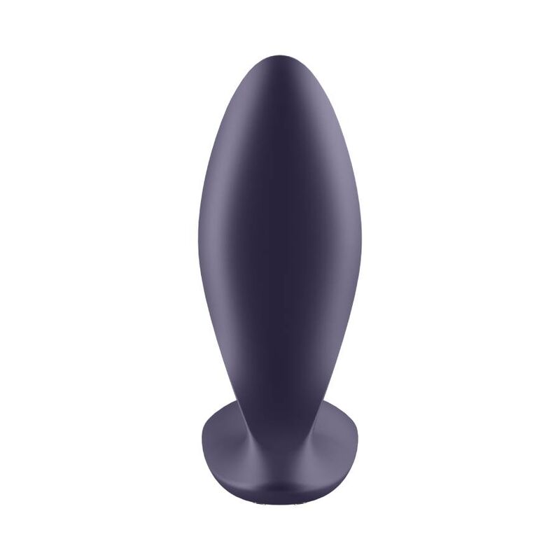 Plug anal Power Plug bleu nuit de face, corps bombe effile et petite base ronde en silicone, plug vibrant connecte Satisfyer pilotable par application.