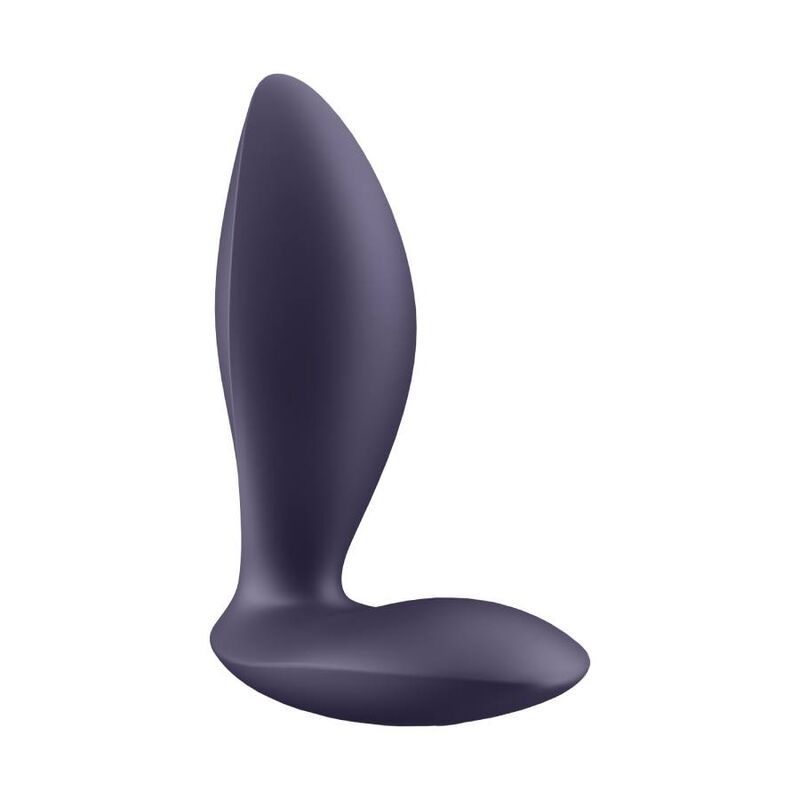 Plug anal Power Plug bleu nuit de trois quarts, corps lisse effile et base plate de maintien en silicone, plug vibrant connecte Satisfyer pilotable par appli.