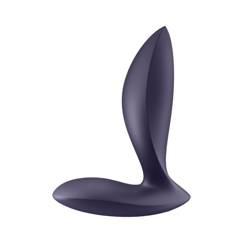 Plug anal Power Plug bleu nuit de profil, tige incurvee et base evasee stabilisatrice en silicone, plug vibrant connecte Satisfyer etanche pilotable par appli.