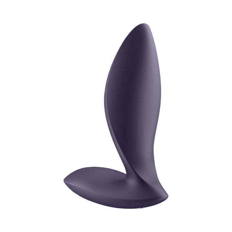 Plug anal Power Plug bleu nuit vu de cote, corps fusele souple et base aplatie en silicone, plug vibrant connecte Satisfyer pilotable par telecommande appli.