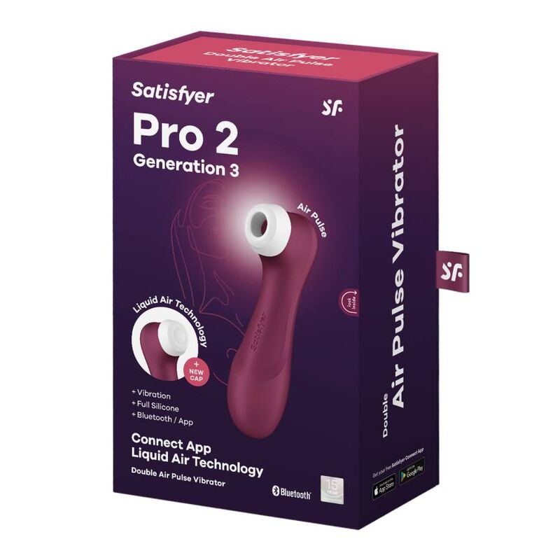 Boite Pro 2 Generation 3 bordeaux Air Pulse Vibrator Satisfyer, le stimulateur en silicone illustre et mentions Connect App Liquid Air Technology Bluetooth.