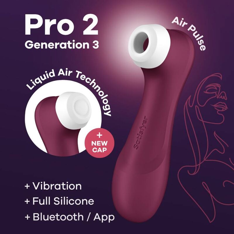 Visuel Pro 2 Generation 3 bordeaux Air Pulse Satisfyer avec capuchon de rechange et mentions vibration, full silicone et Bluetooth sur fond violet illustre.
