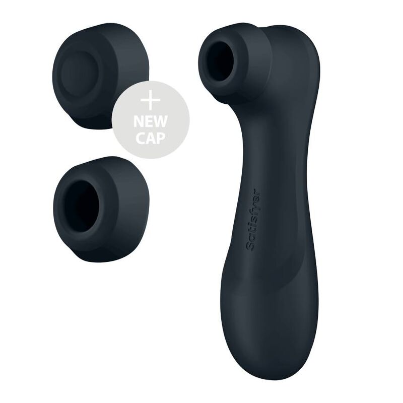 Stimulateur clitoridien Pro 2 Gen 3 noir avec capuchon de rechange, embout d'aspiration en silicone et corps galet lisse, air pulse Satisfyer Bluetooth rechargeable.
