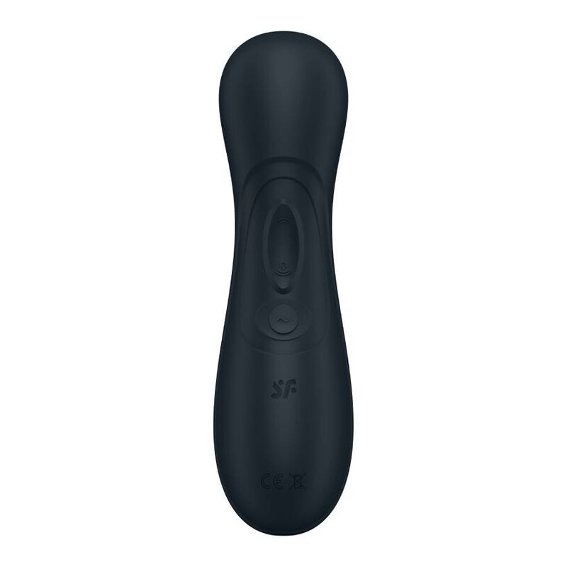 Stimulateur clitoridien Pro 2 Gen 3 noir vu de face, embout d'aspiration et anneaux de commande en silicone, air pulse Satisfyer etanche rechargeable 12 modes.