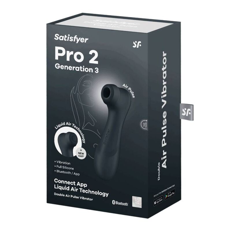 Boite noire Pro 2 Generation 3 Air Pulse Vibrator Satisfyer, le stimulateur en silicone illustre et mentions Connect App Liquid Air Technology Bluetooth.