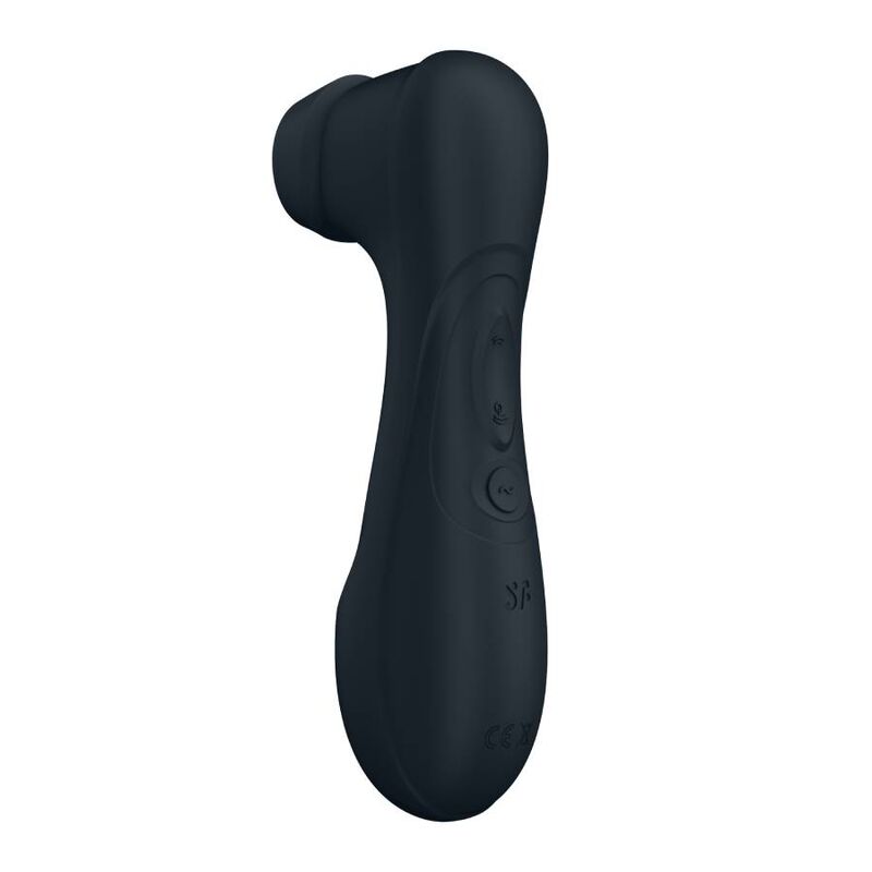Stimulateur clitoridien Pro 2 Gen 3 noir de profil, embout d'aspiration et boutons de reglage en silicone, technologie air pulse Satisfyer Bluetooth rechargeable.