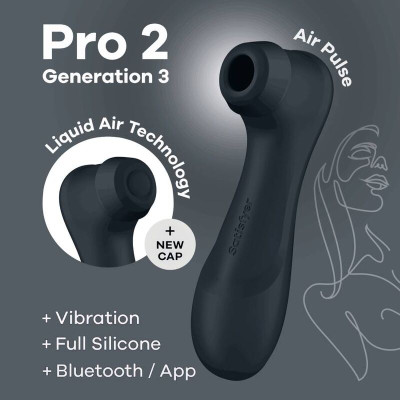 Visuel Pro 2 Generation 3 noir Air Pulse Satisfyer avec capuchon de rechange et mentions vibration, full silicone et Bluetooth sur fond gris illustre.