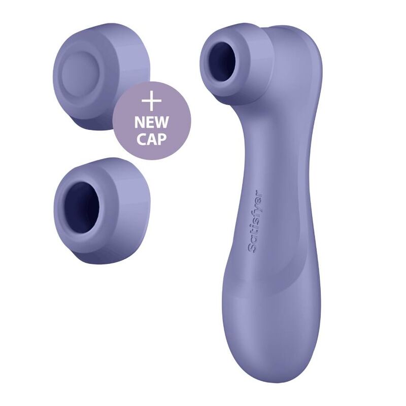 Stimulateur clitoridien Pro 2 Gen 3 lilas avec capuchon de rechange, embout d'aspiration en silicone et corps galet lisse, air pulse Satisfyer Bluetooth rechargeable.