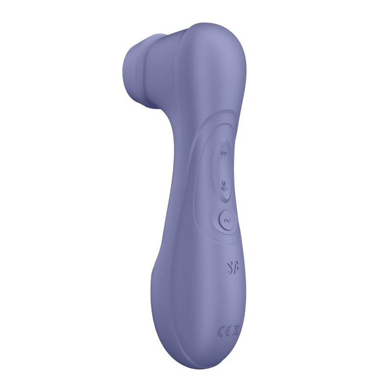 Stimulateur clitoridien Pro 2 Gen 3 lilas de profil, embout d'aspiration et boutons sur le corps en silicone, air pulse Satisfyer Bluetooth etanche rechargeable.