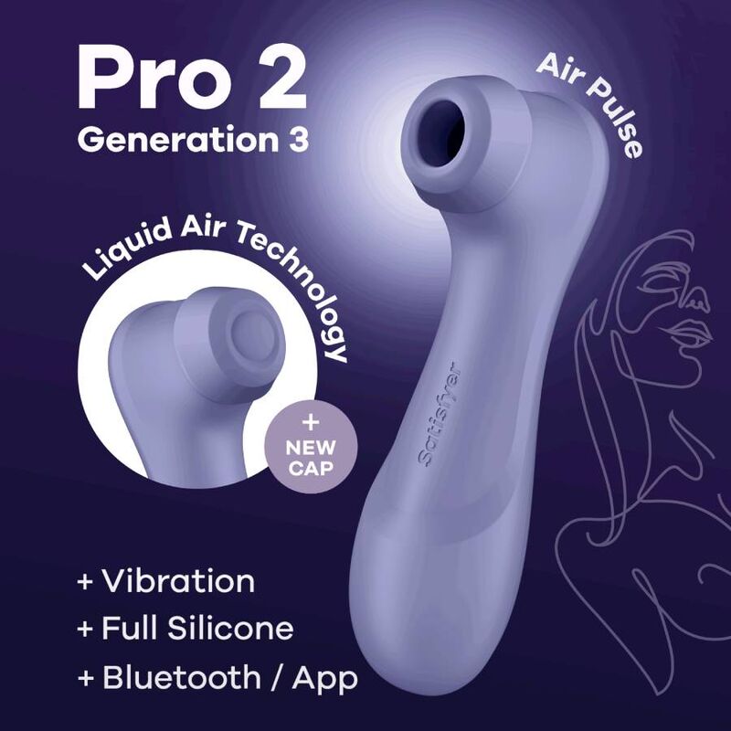 Visuel Pro 2 Generation 3 lilas Air Pulse Satisfyer avec capuchon de rechange et mentions vibration, full silicone et Bluetooth sur fond violet illustre.