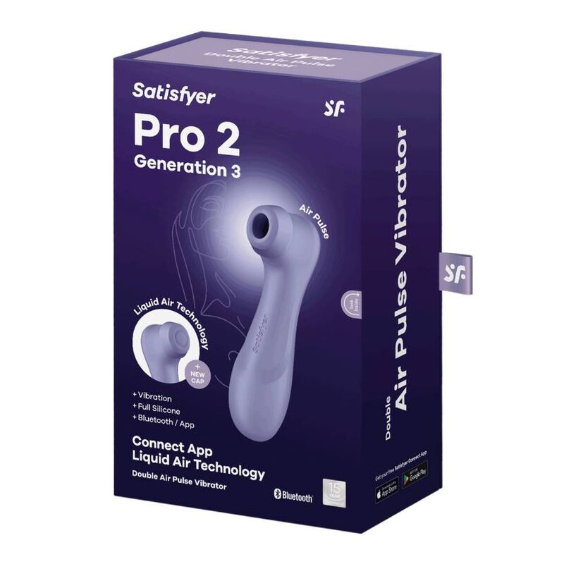 Boite Pro 2 Generation 3 lilas Air Pulse Vibrator Satisfyer, le stimulateur en silicone illustre et mentions Connect App Liquid Air Technology Bluetooth.