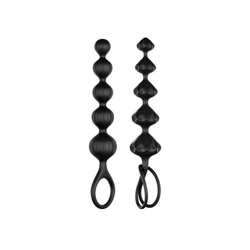 Deux chapelets anaux Love Beads noirs en silicone, perles spheriques et perles a facettes etagees, anneaux de retrait en boucle, sextoy Satisfyer perles graduees.