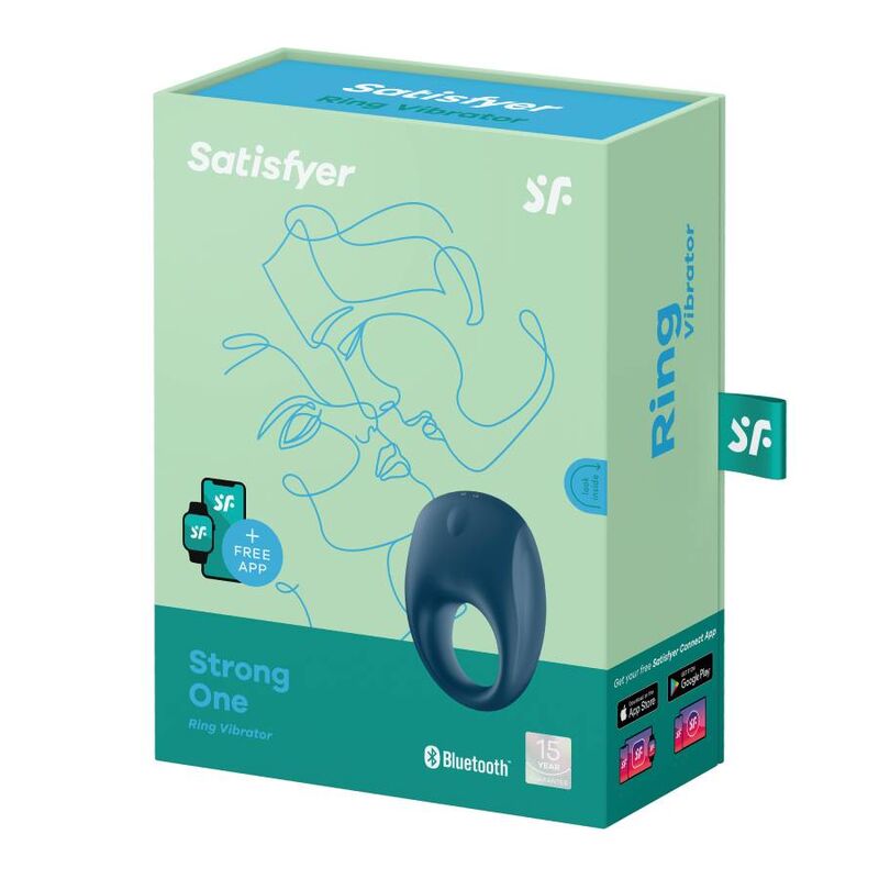 Boite Satisfyer Strong One vert d'eau presentant l'anneau penien vibrant bleu en silicone, mention Bluetooth et app gratuite, cockring rechargeable etanche 10 modes