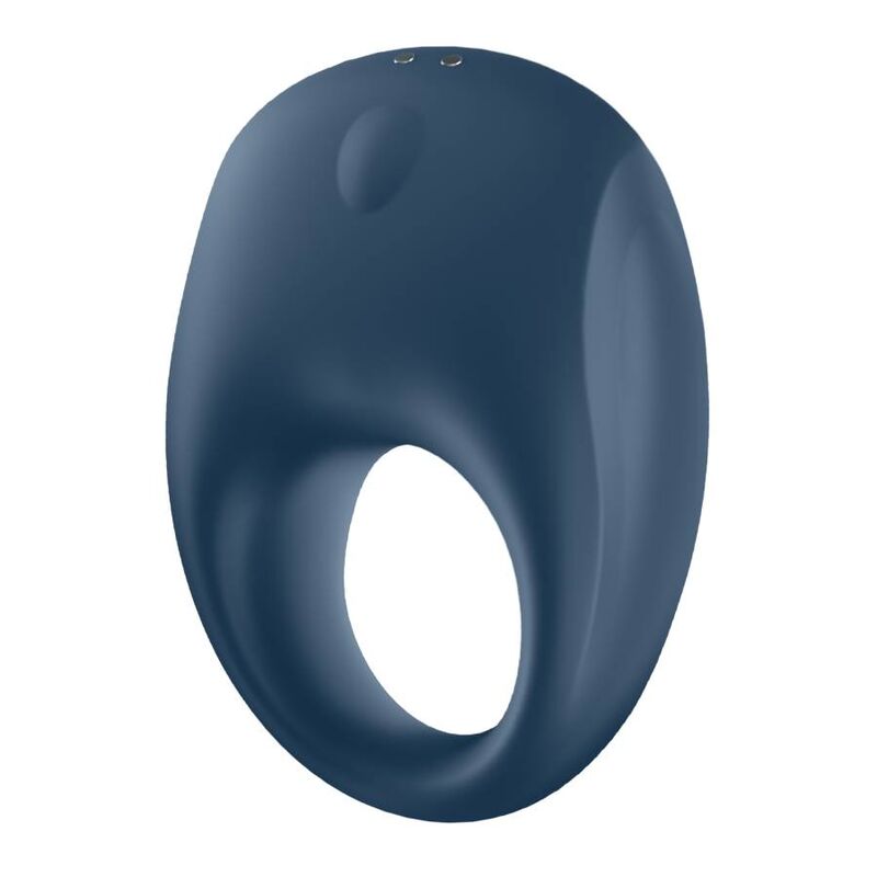 Anneau penien Strong One bleu nuit de trois quarts, boucle epaisse en silicone et bossage de stimulation, cockring vibrant Satisfyer etanche rechargeable.