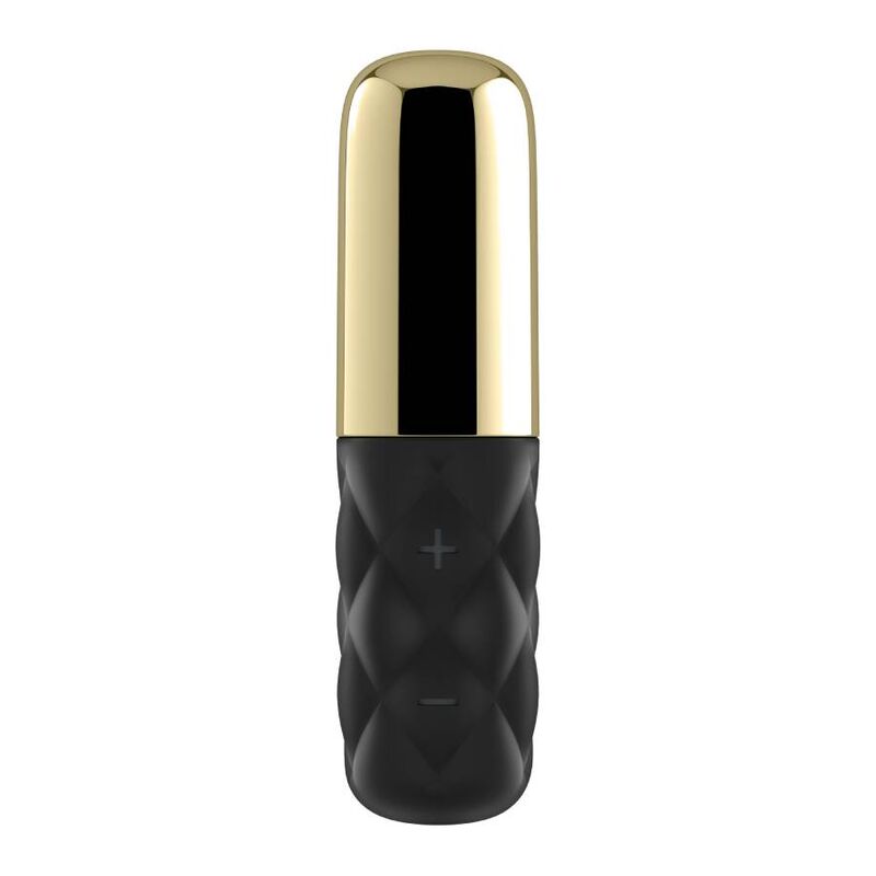 Mini vibromasseur Sparkling Darling noir a embout dore brillant, vue de profil sur le corps texture en silicone, boutons plus et moins, etanche et compact 9 cm