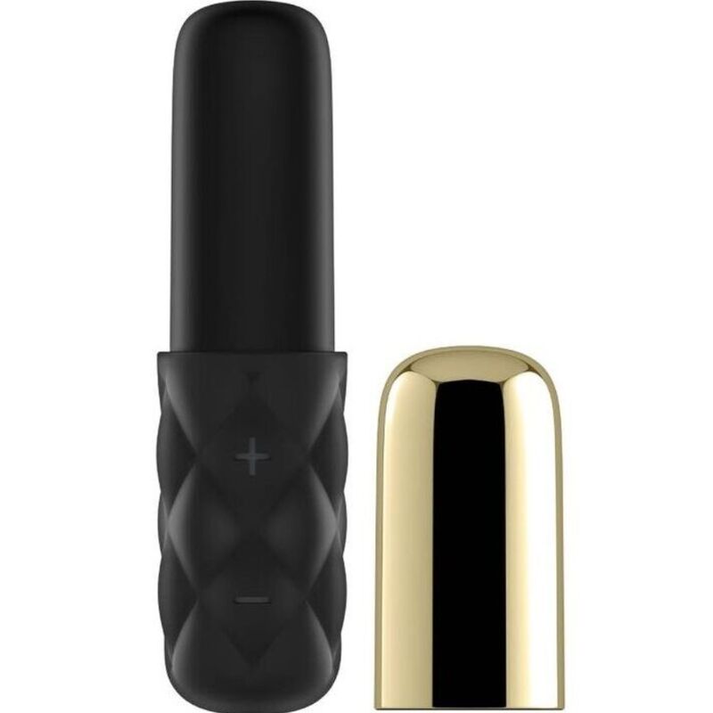 Mini vibromasseur Sparkling Darling noir en silicone presente avec son capuchon dore retire, corps texture losange, compact 9 cm, etanche, 10 modes de vibration